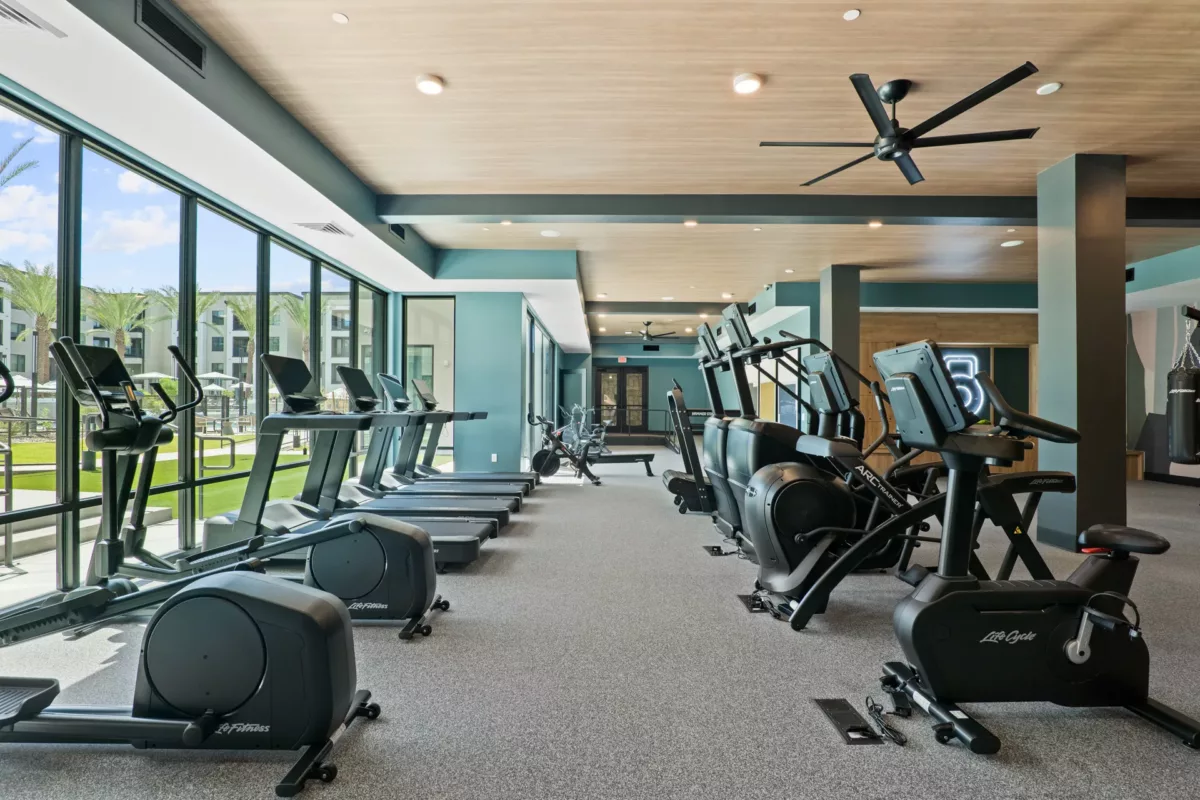 Fitness center with treadmills, ellipticals, bikes, and rowing machines on gray carpet.
