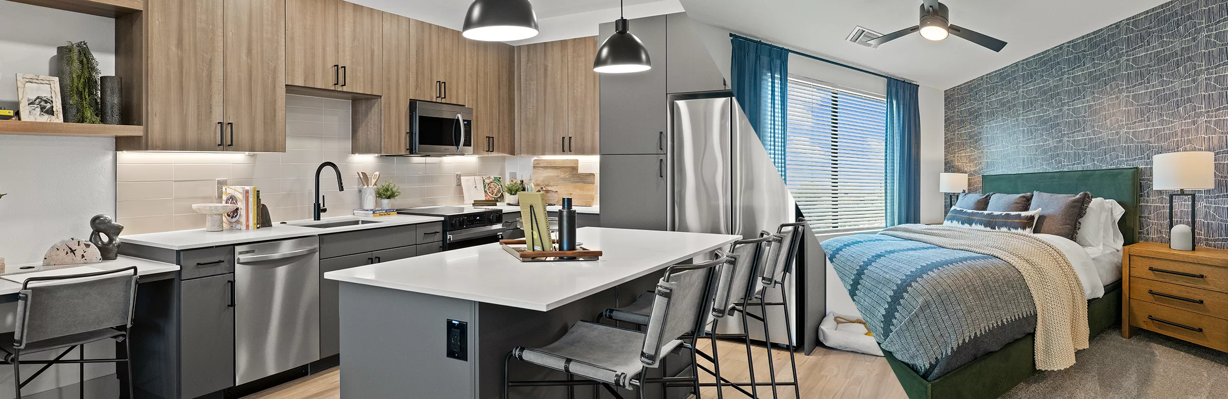 A split image showing a skitch with gray and brown cabinets on the left and a bedroom with bed, bedside tables, lamps, and geometric patterned accent wall on the right.